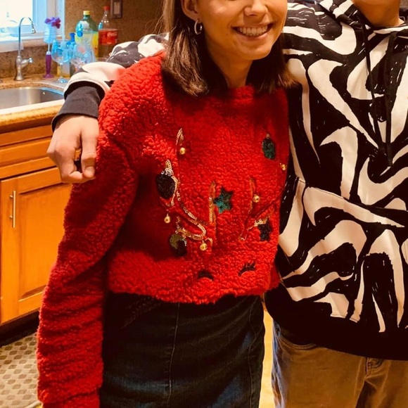 Sherpa Sequin Reindeer Christmas Sweater Pullover - Picture 1 of 8